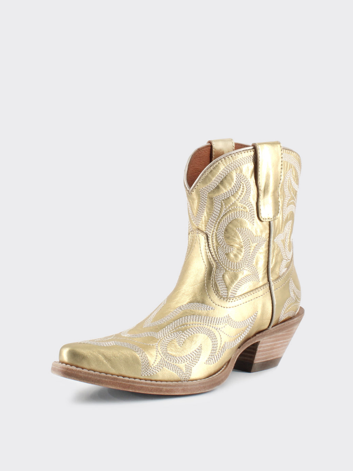 Embroidery Snip-Toe Wide Mid Calf Western Boots For Women - Metallic Gold