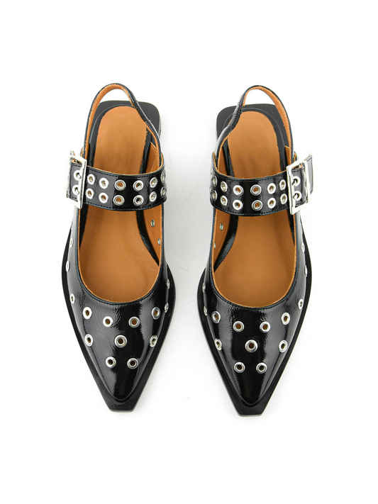 Black Patent Grommet Eyelet Buckle Pointy Flats Mary Janes Slingbacks