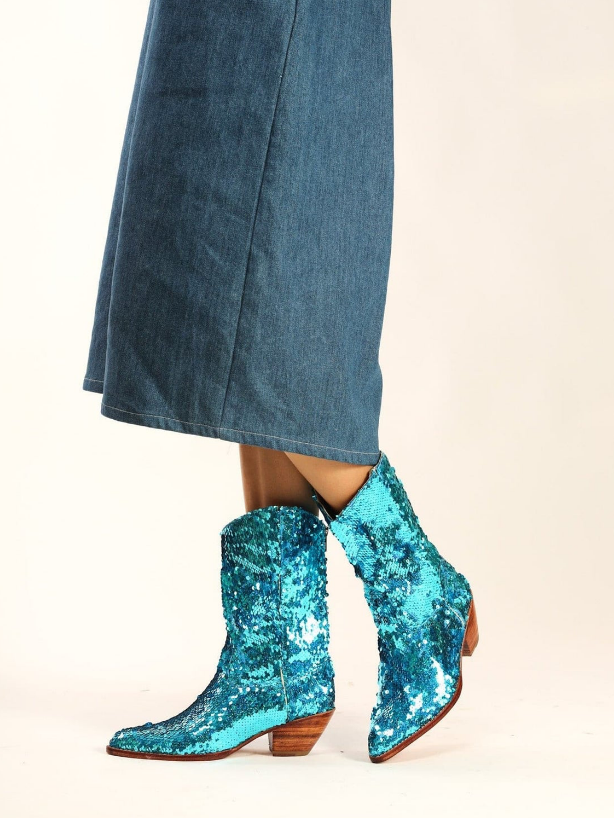 Turquoise Embroidered Sequin Faux Suede Almond-Toe Back-Zip Mid Calf Cowgirl Boots