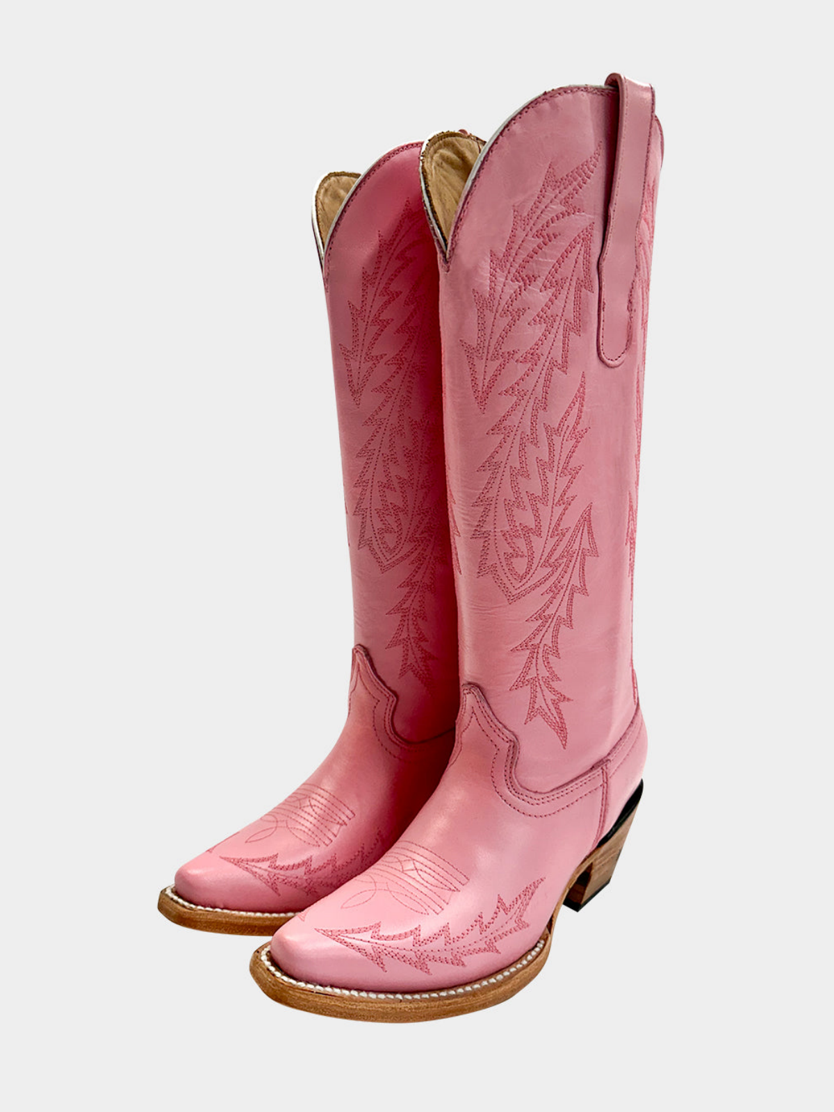 Snip-Toe Leaf Embroidery Half-Zip Mid Calf Tall Cowgirl Boots - Pink