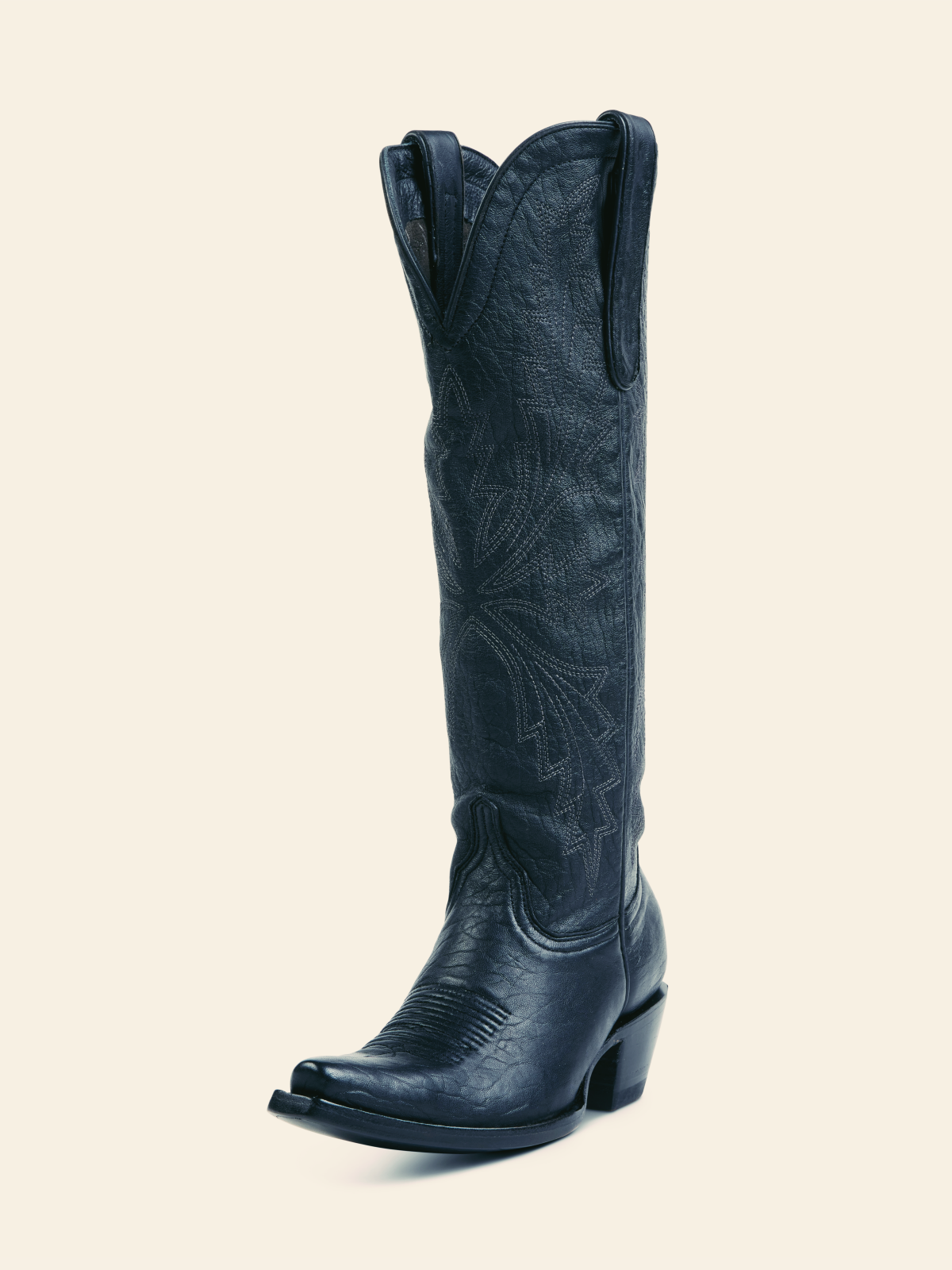 Glossy Black Crinkle Embroidered Snip-Toe Knee High Western Boots Cowgirl Tall Boots