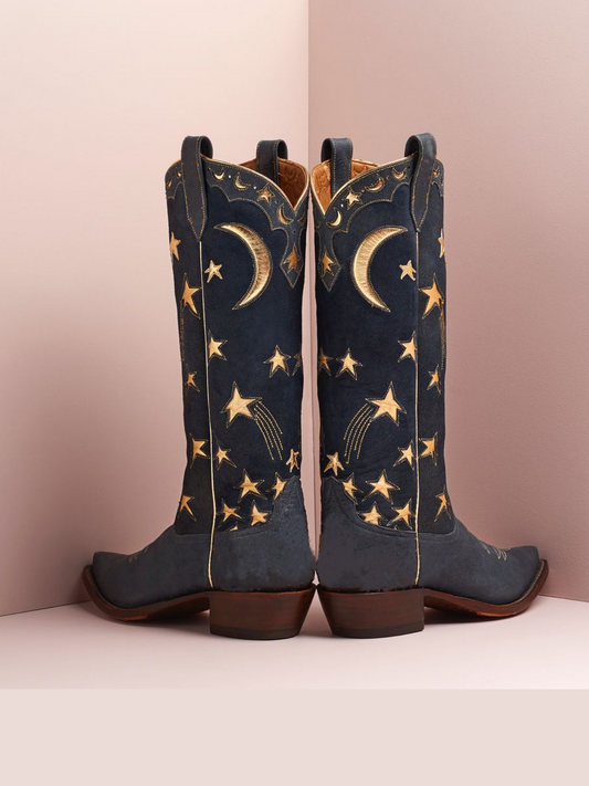 Metallic Moon Star Inlay Applique Faux Suede Mid Calf Cowgirl Tall Boots - Blue / Gold