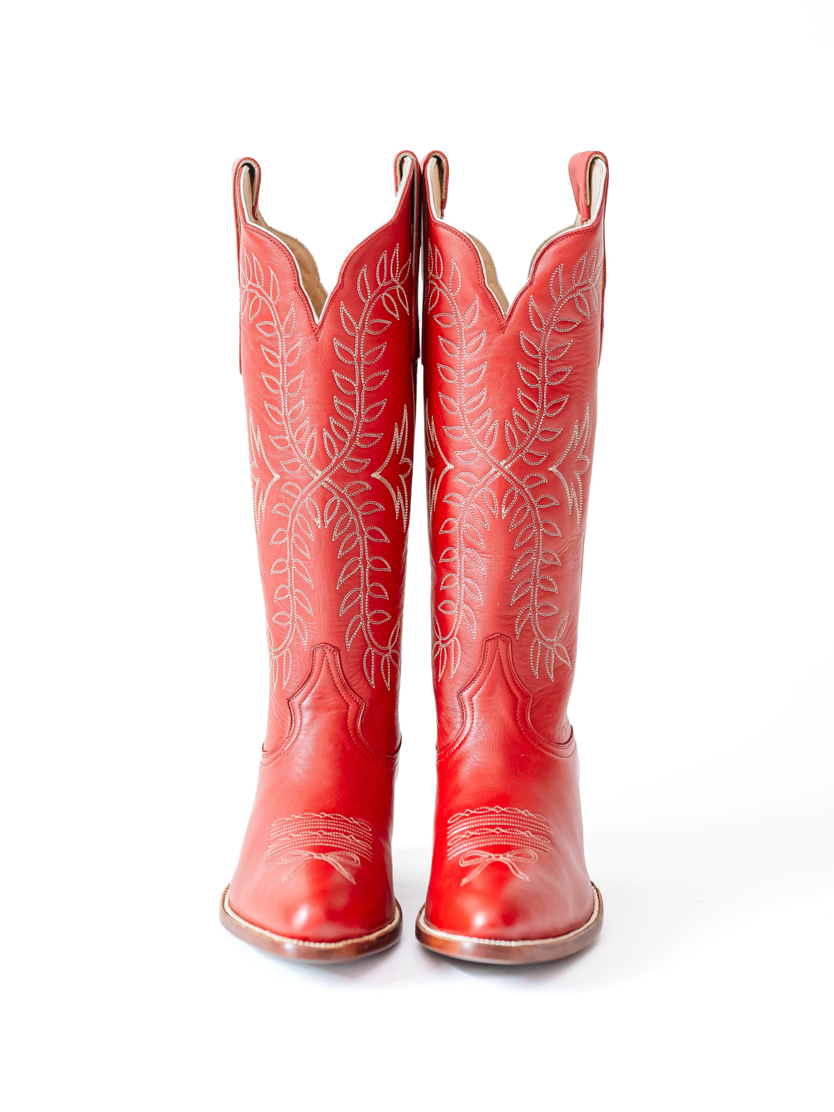 Leaves Embroidery Almond-Toe Wide Mid Calf Cowgirl Boots - Red