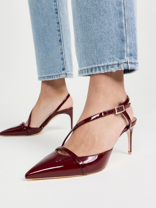 Burgundy Patent Pointed-Toe Cross Slingback Pump Kitten Heels