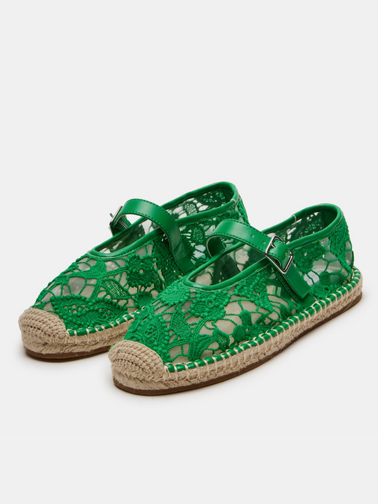 Green Round-Toe Bridge Strap Side Buckle Lace Mesh Mary Janes Espadrille Flats