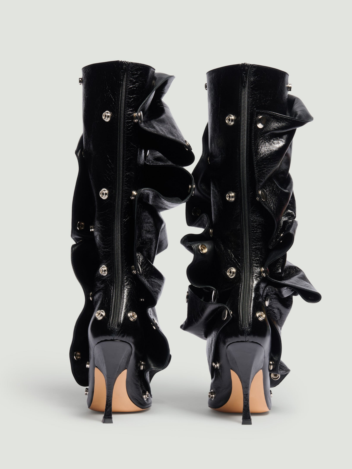 Black Crinkle Pointed-Toe Detachable Snap Panel Full-Zip Mid Calf Stiletto Boots