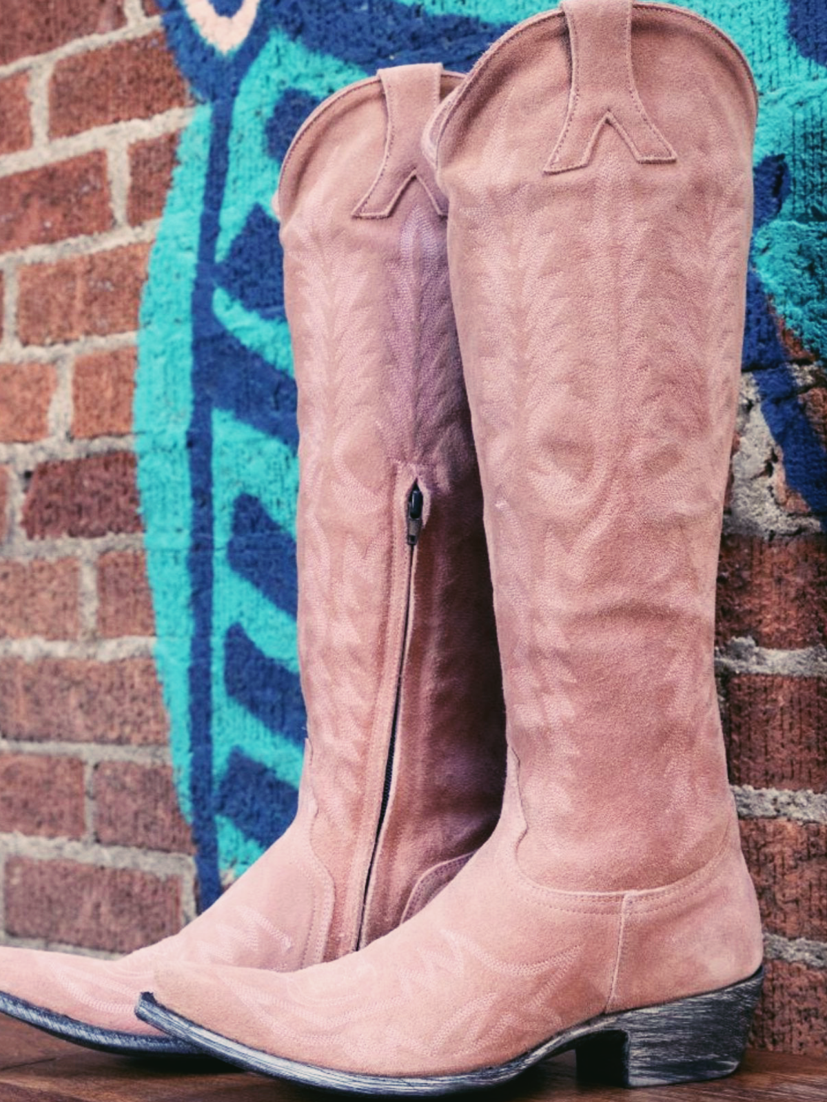 Pink Faux Suede Embroidery Half Zip Cowgirl Tall Boots Western Knee High Boots