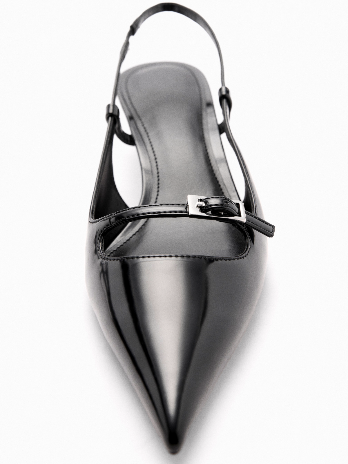 Black Patent Pointed-Toe Slingback Buckle Kitten Heels