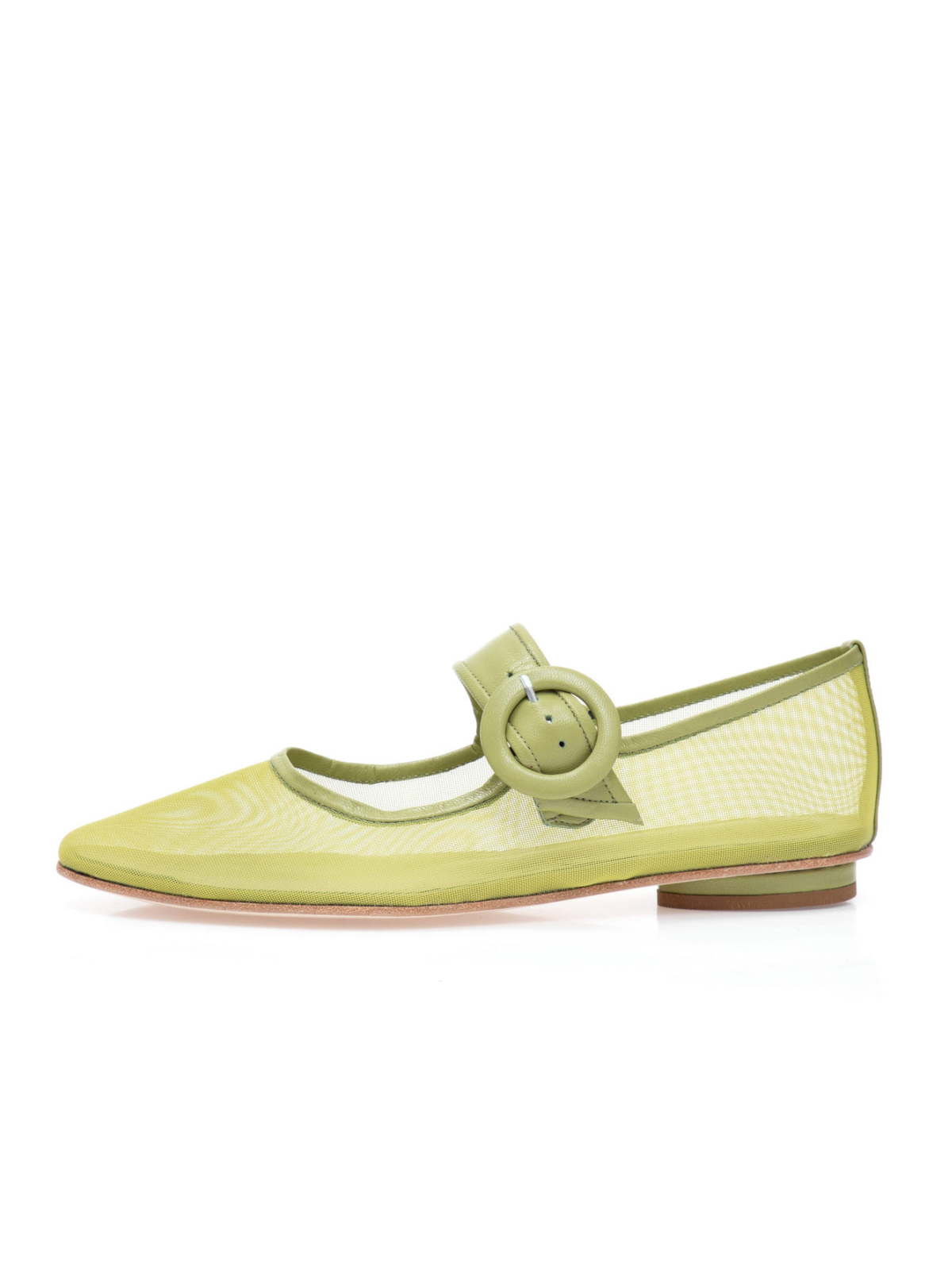 Lime Green Mesh Elongated Ballet Flats Mary Janes With Oversized Buckle