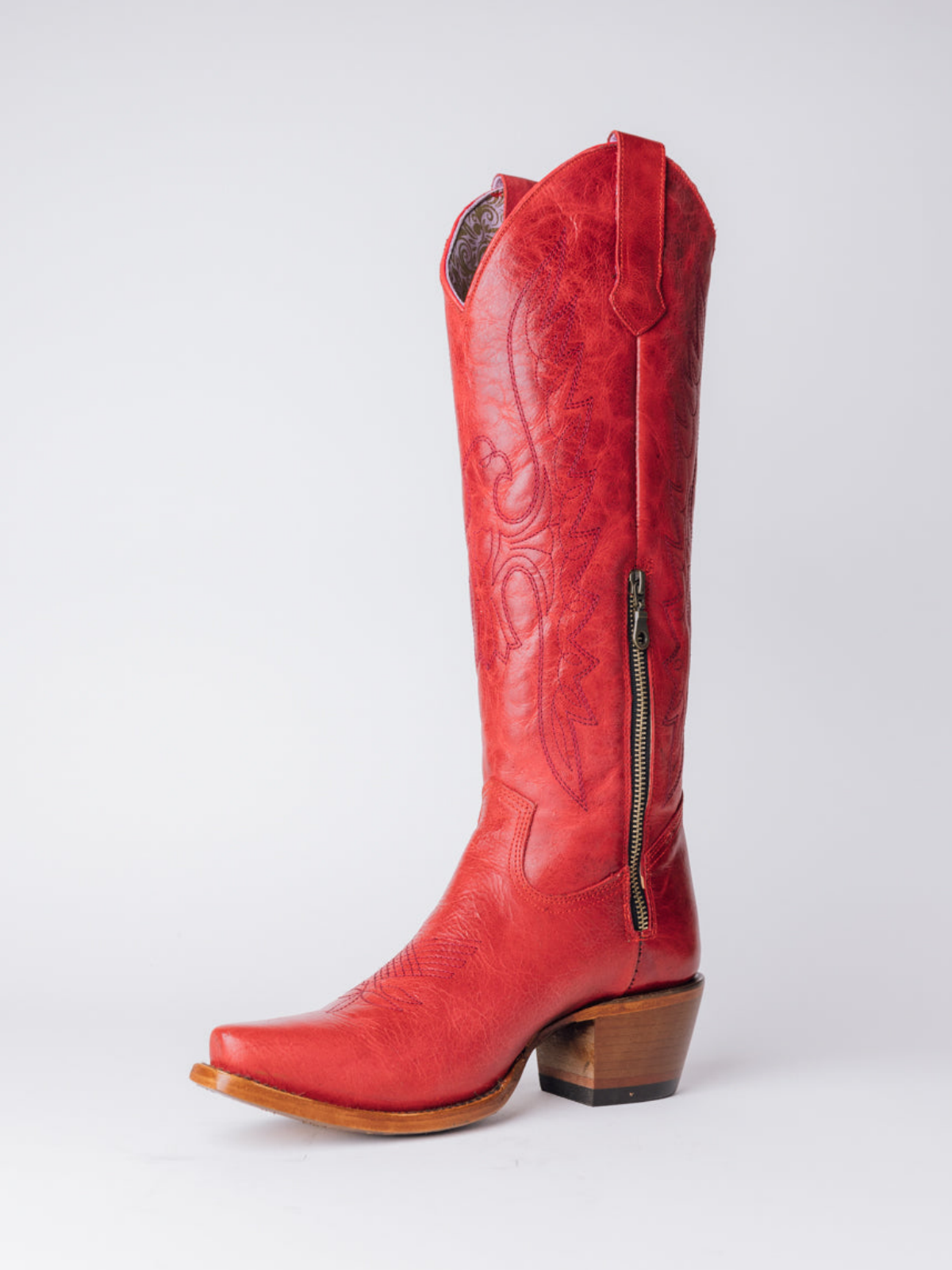 Distressed Red Eagle Embroidery Snip-Toe Half-Zip Cowgirl Knee High Tall Boots