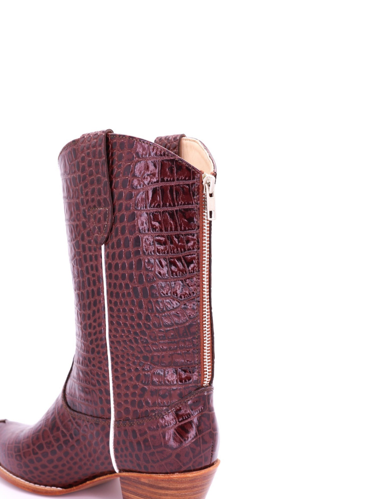 Red Crocodile-Embossed Vegan Leather Almond-Toe Back-Zip Mid Calf Cowgirl Boots