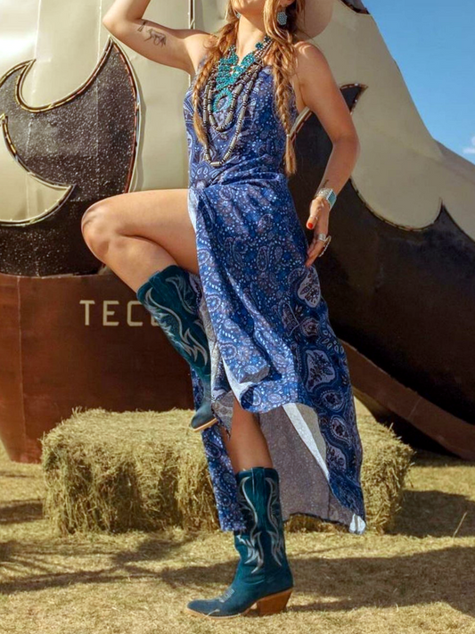 Faux Suede Wings Embroidery Pointed-Toe Wide Mid Calf Tall Cowgirl Boots - Teal Blue