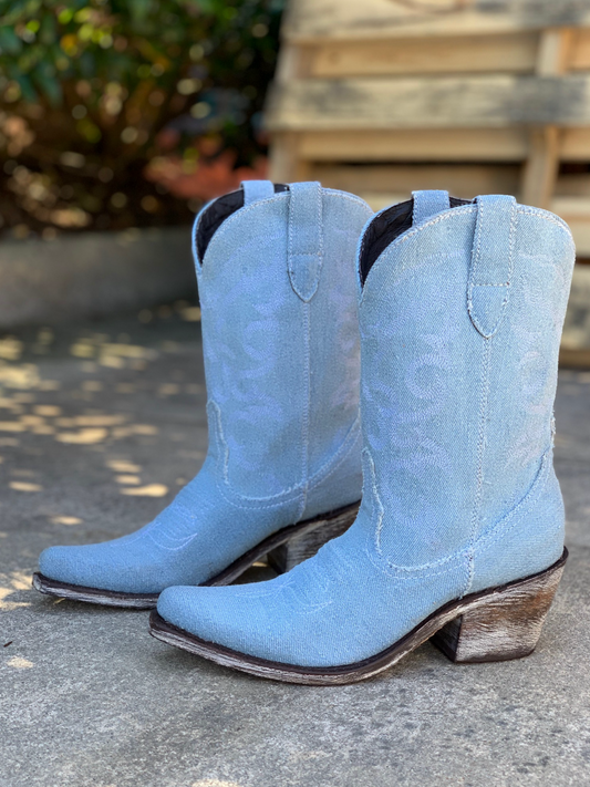 Blue Denim Snip-Toe Embroidery Wide Mid Calf Cowgirl Boots