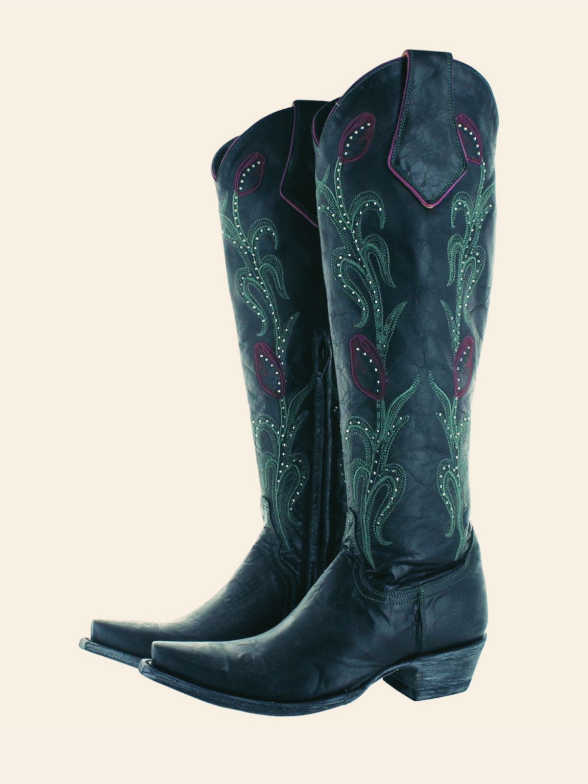 Black Crinkle Floral Embroidery Rhinestone Snip-Toe Half-Zip Knee High Western Boots Cowgirl Tall Boots