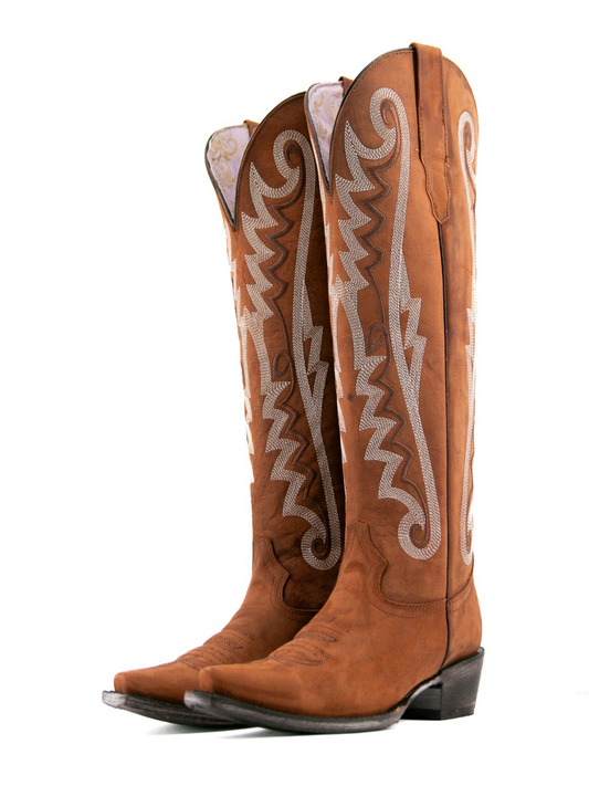 Honey Snip-Toe Half-Zip Embroidery Tall Knee High Cowgirl Boots