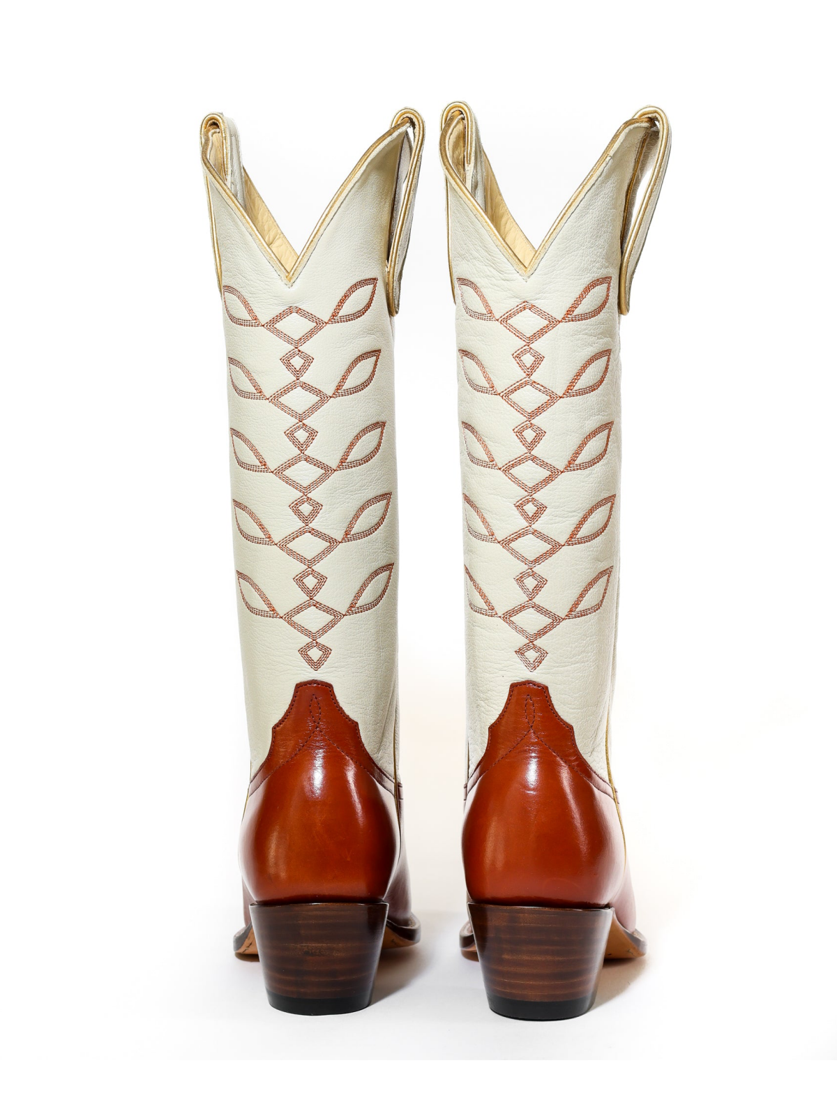 Contrast Cream And Burnt Orange Almond-Toe Embroidery Wide Mid Calf Tall Cowgirl Boots