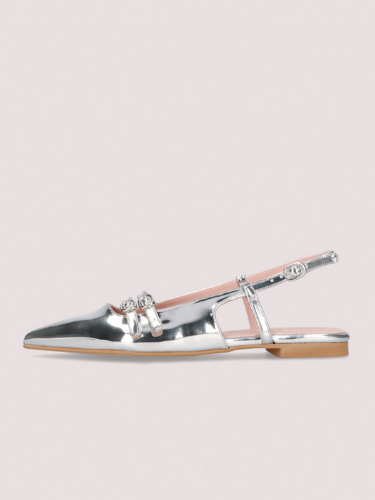 Metallic Silver Pointy Buckled Strappy Slingback Ballet Flats