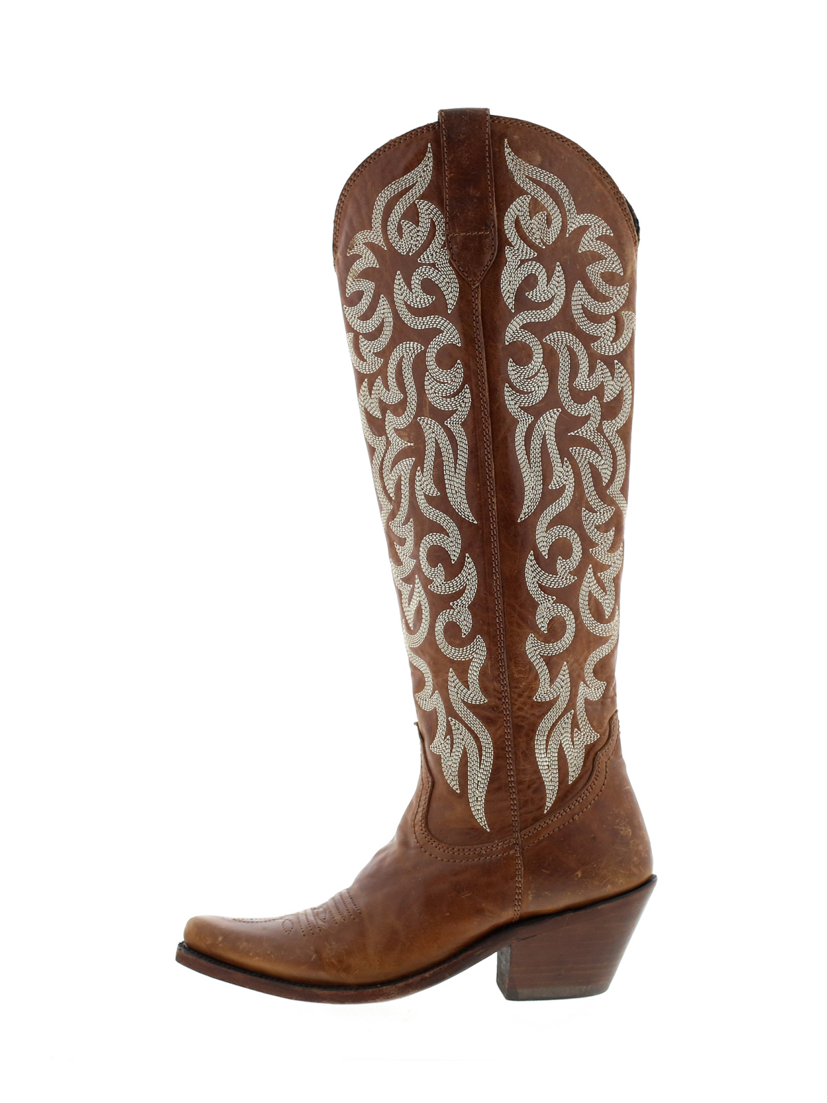 Embroidery Almond-Toe Full-Zip Knee High Tall Cowgirl Boots - Brown