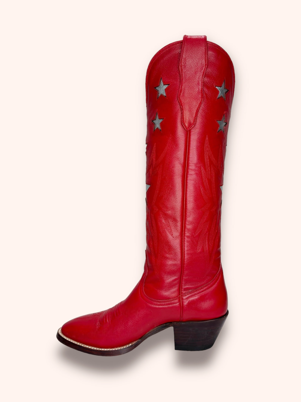 Metallic Star Inaly Embroidery Almond-Toe Wide Mid Calf Tall Cowgirl Boots - Red