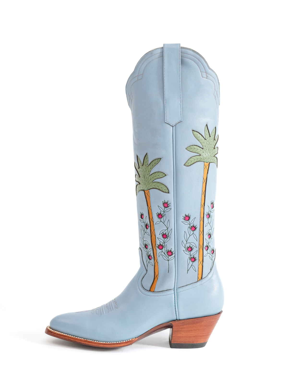 Powder Blue Almond-Toe Palm And Flowers Inlay Wide Calf Tall Knee High Cowgirl Boots