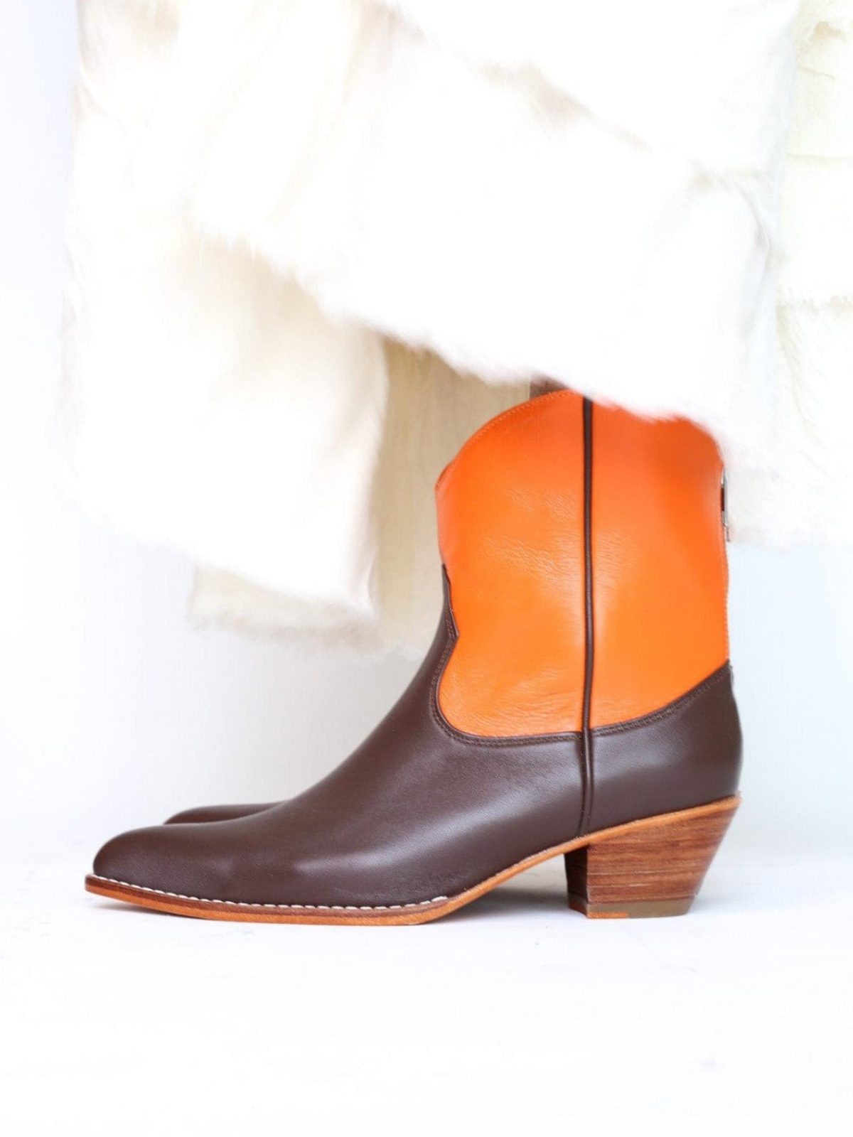 Contrast Chocolate And Orange Almond-Toe Back-Zip Mid Calf Cowgirl Boots