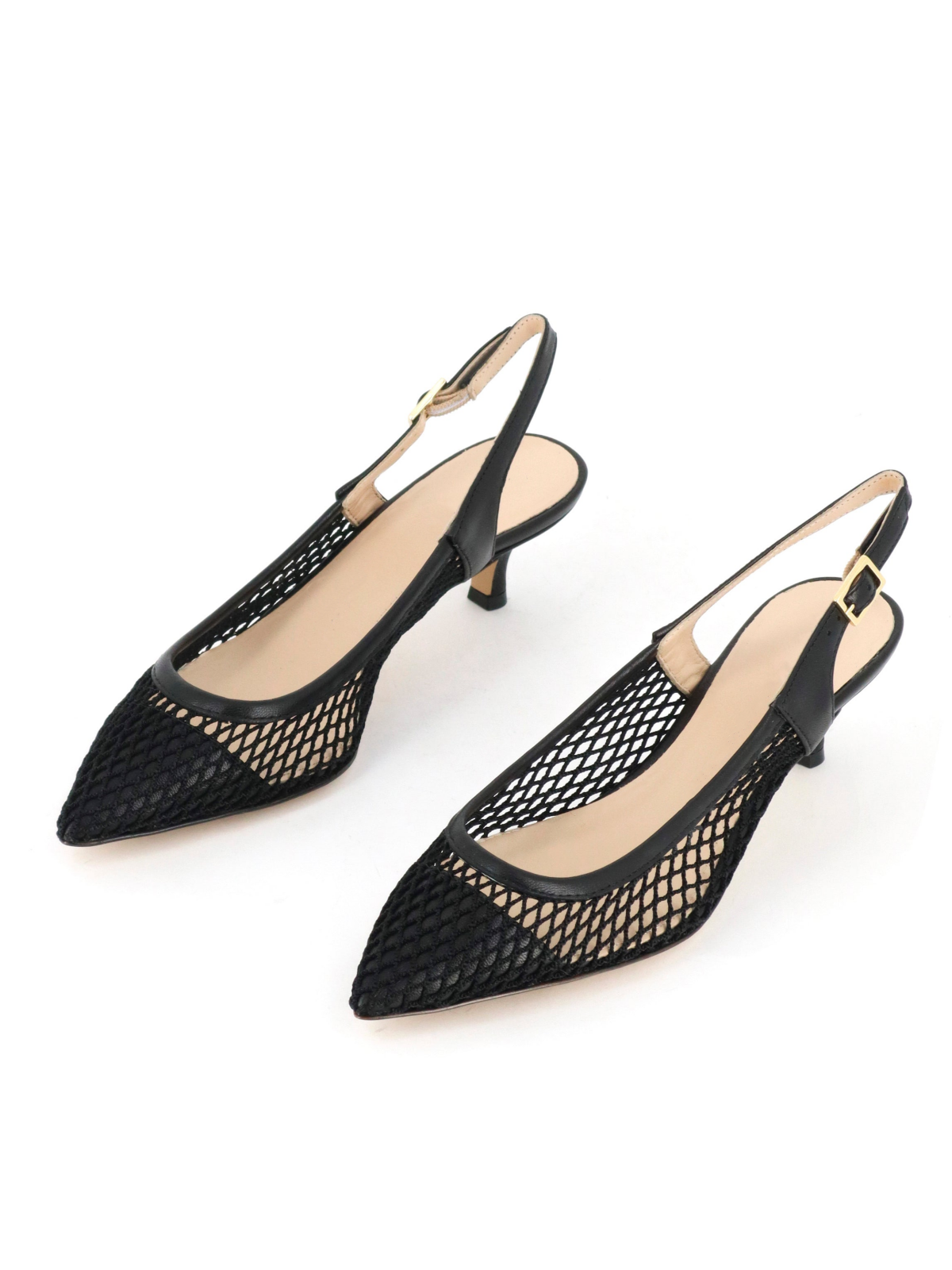 Black Pointy Kitten Heels Slingback Pumps in Fishnet & Vegan Leather