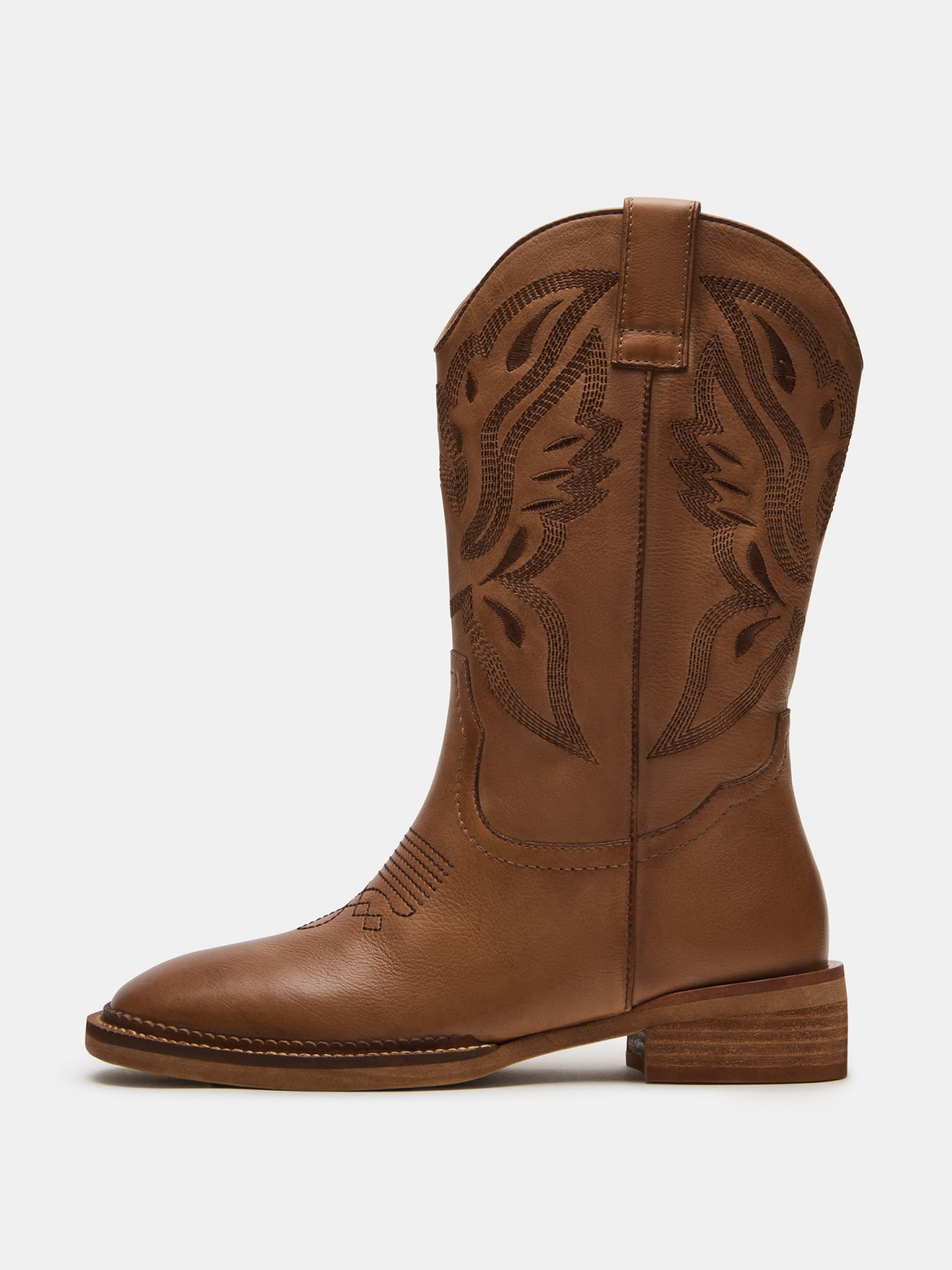 Cognac Square-Toe Classic Embroidery Wide Mid Calf Cowgirl Boots