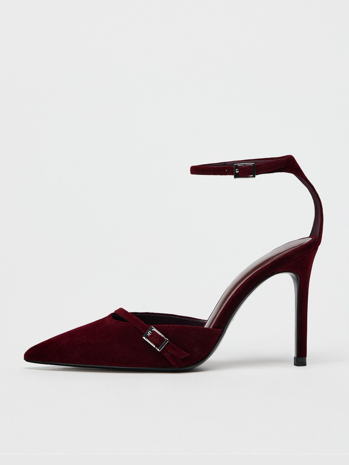 Wine Red Velvet Pointed-Toe Front Strap Pump High Heels With Buckled Ankle Strap