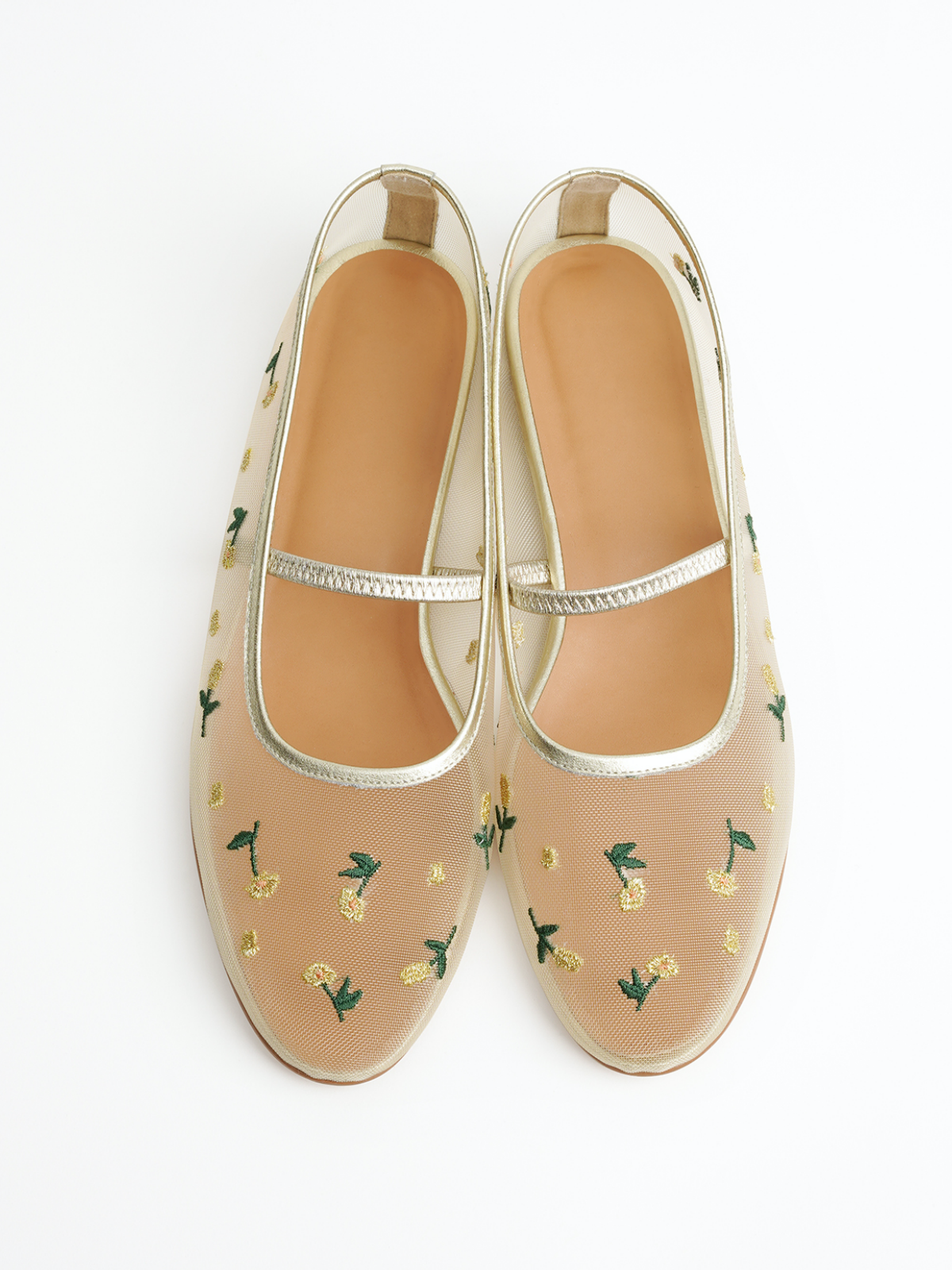 Metallic Light Gold Mesh Flats Mary Janes With Yellow Floral Embroidery