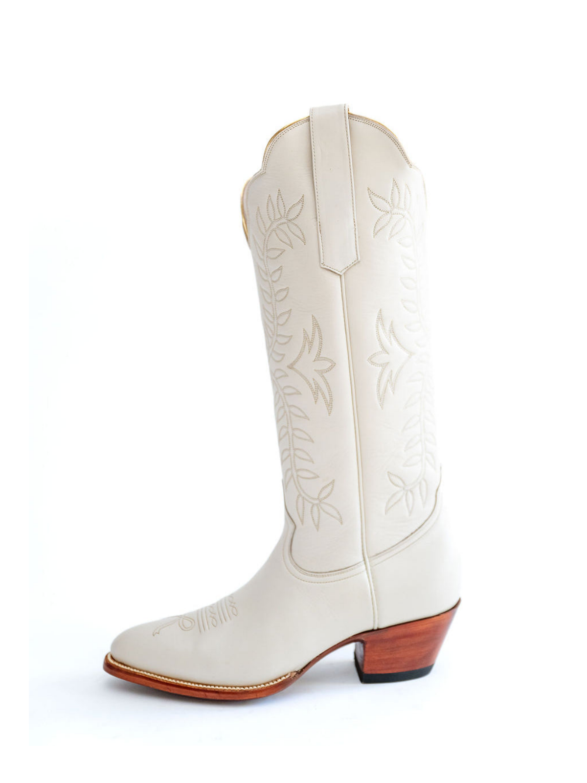 Leaves Embroidery Almond-Toe Wide Mid Calf Cowgirl Boots - Ivory