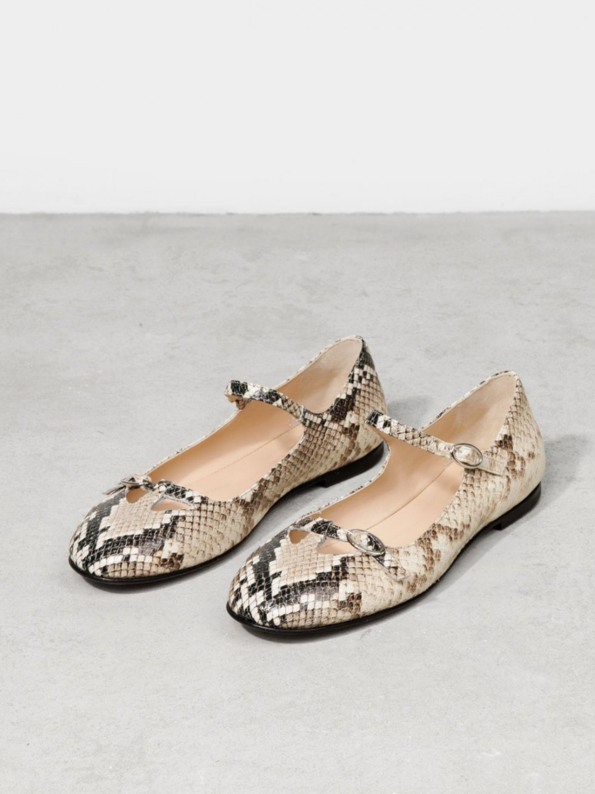 Tan Snakeskin Embossed Hollow-Out Buckled Strappy Ballet Flats