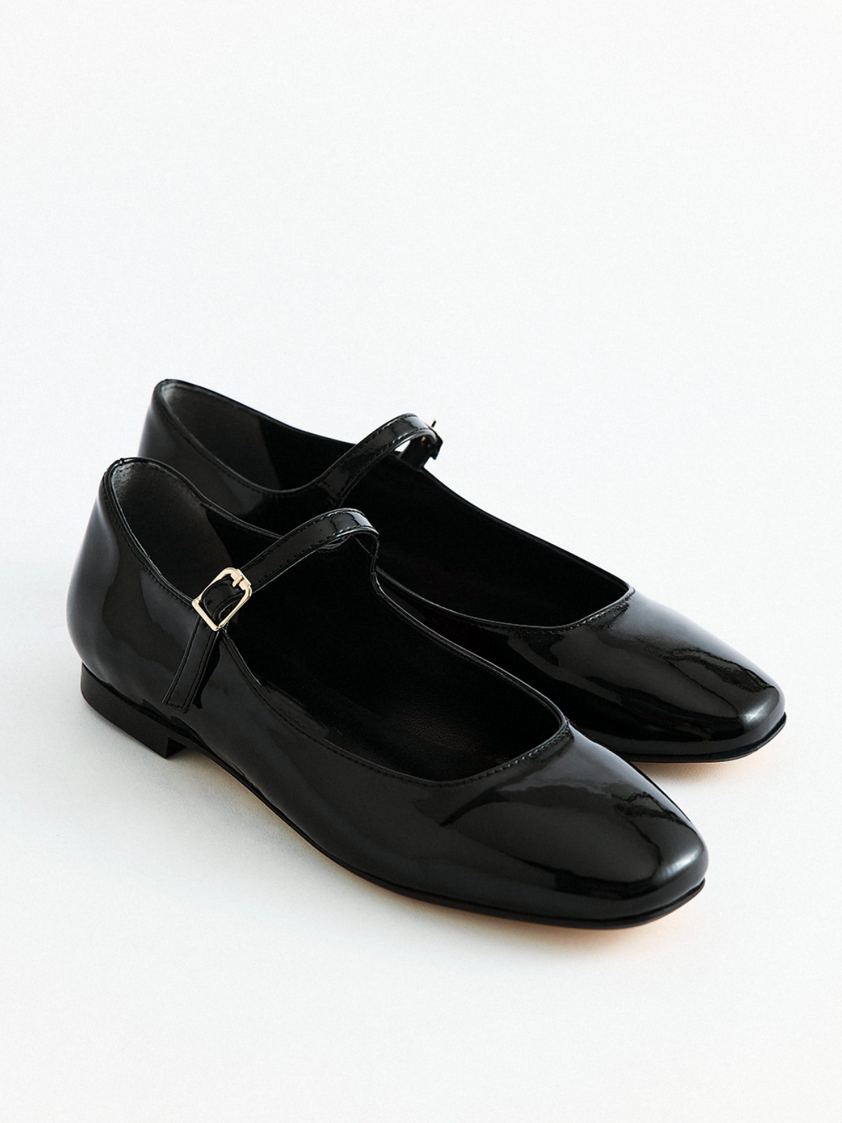 Black Patent Square-Toe Flats Mary Janes With Buckled Strap