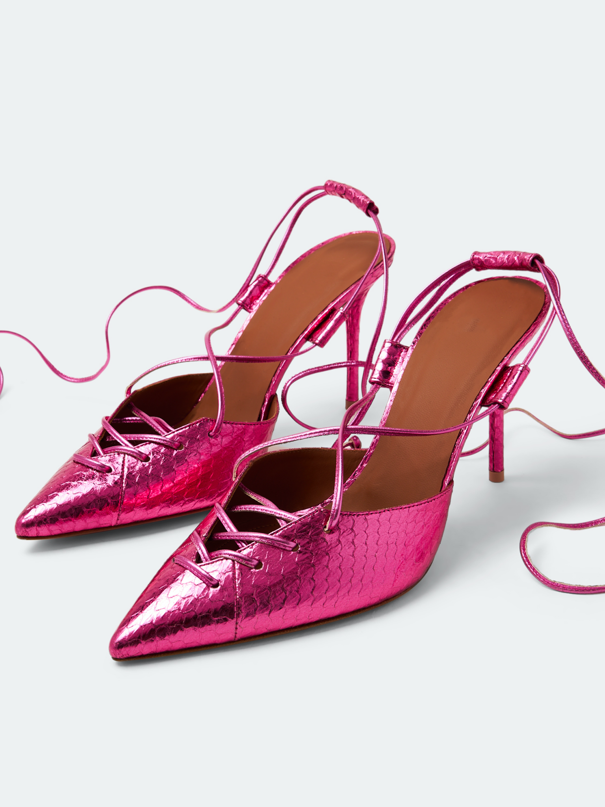 Metallic Pink Snakeskin String Lace Up Gladiators Pointy Stiletto Heels Pumps