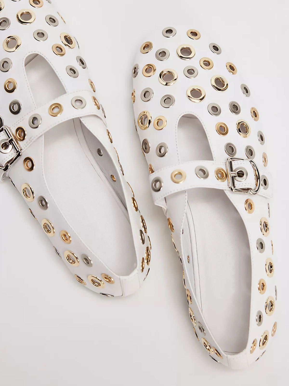 White Round-Toe Bridge Strap Metallic Eyelets Ballet Mary Janes Flats