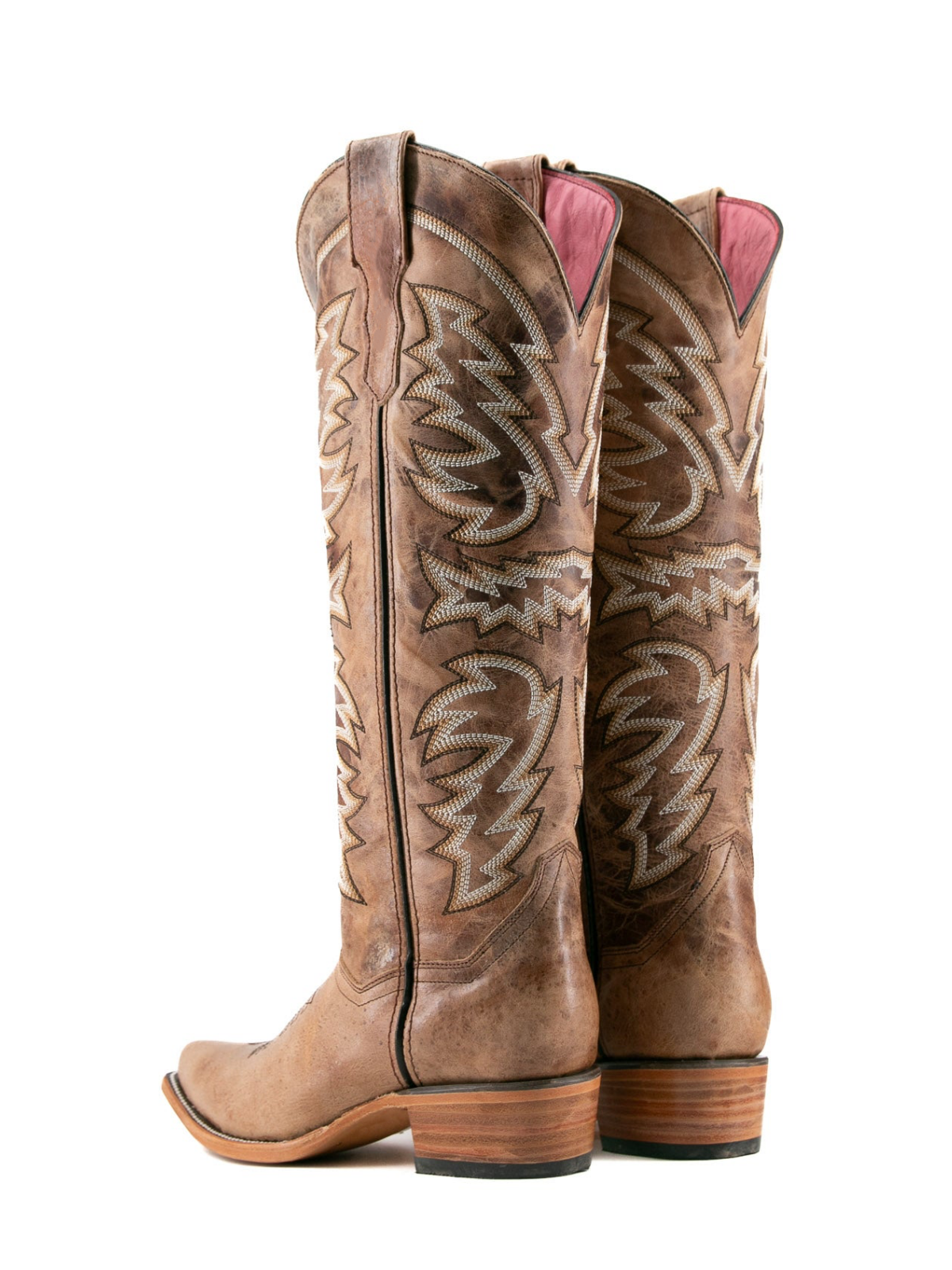 Distressed Amber Snip-Toe Embroidery Wide Calf Knee High Tall Cowgirl Boots