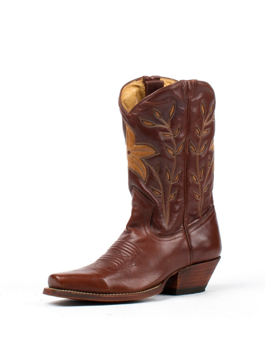 Dark Brown Snip-Toe Flower And Leaves Inlay Wide Mid Calf Cowgirl Boots