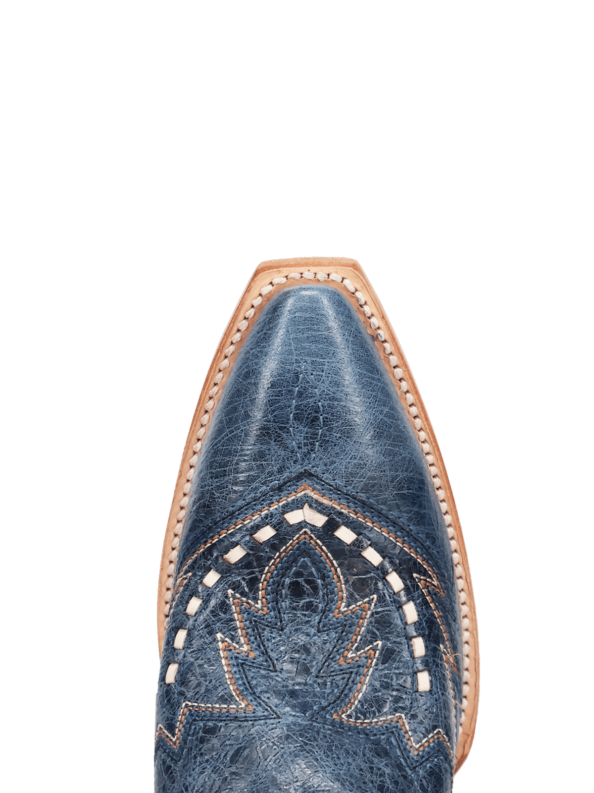 Distressed Blue Snip-Toe Embroidery And Running Stitch Wide Mid Calf Cowgirl Boots