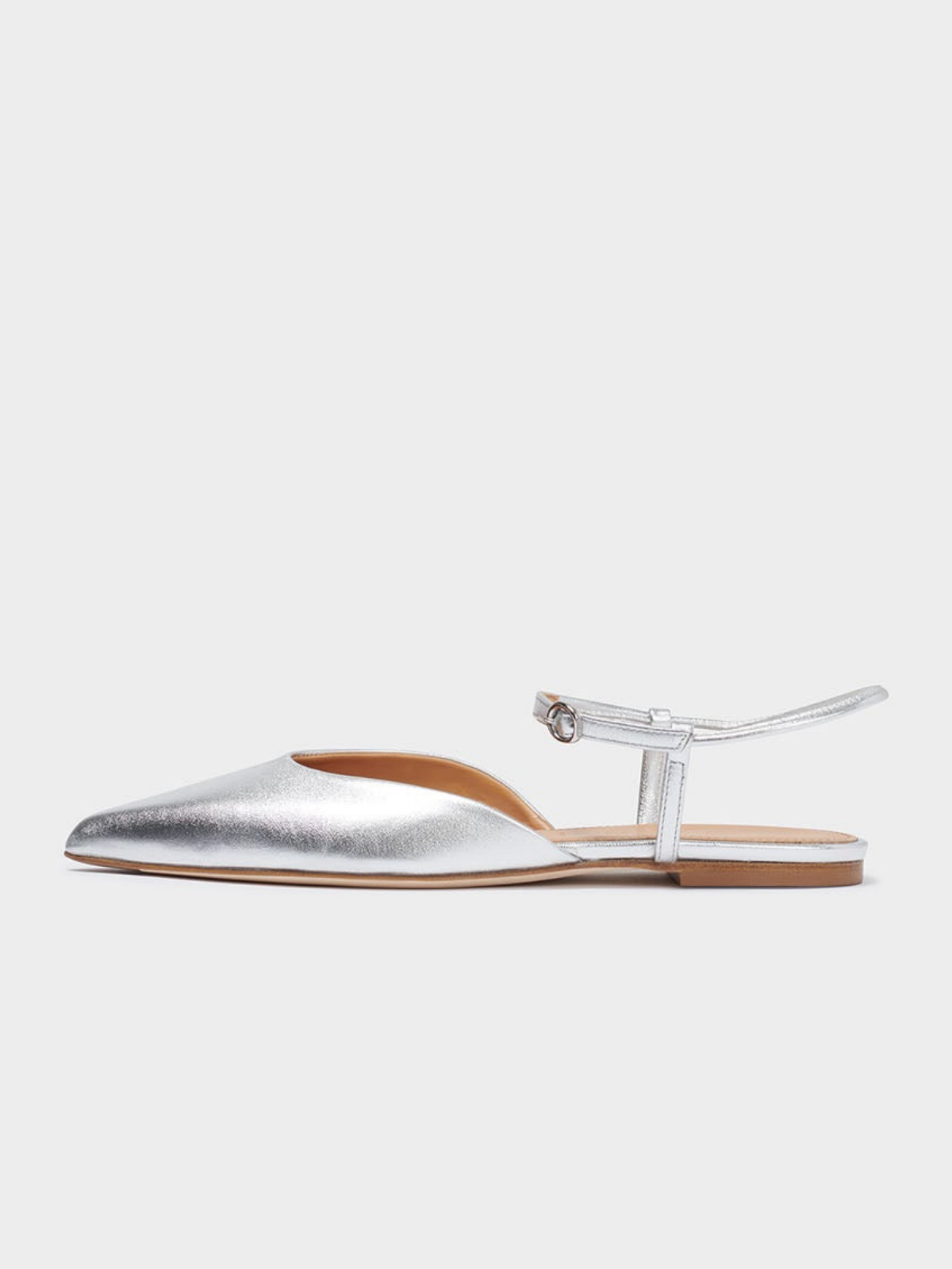 Metallic Silver Pointed-Toe Vegan Leather Flats With Ankle Strap