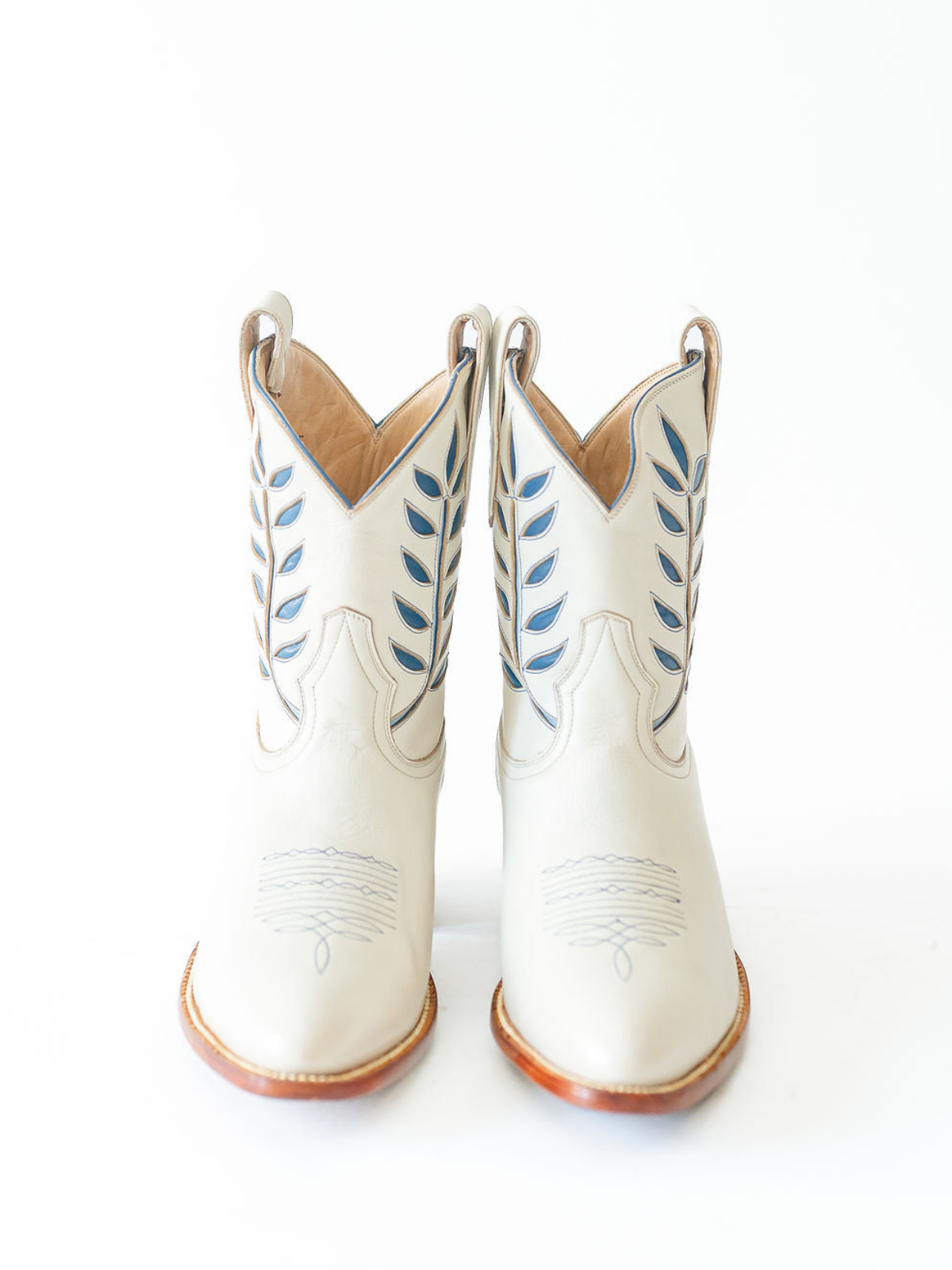 Ivory Almond-Toe Blue Leaves Inlay Wide Mid Calf Cowgirl Boots