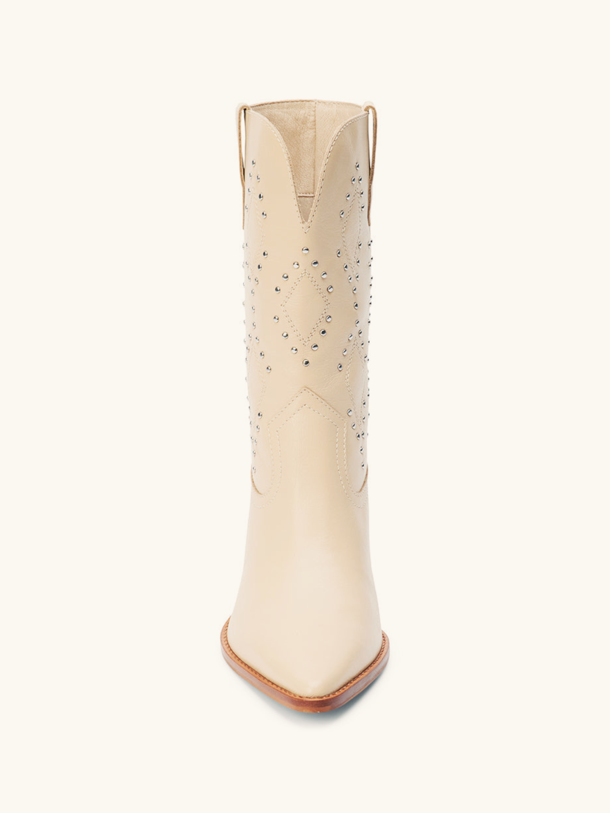 Ivory Stitch Studded Pointed-Toe Wide Mid Calf Western Boots Cowgirl Boots