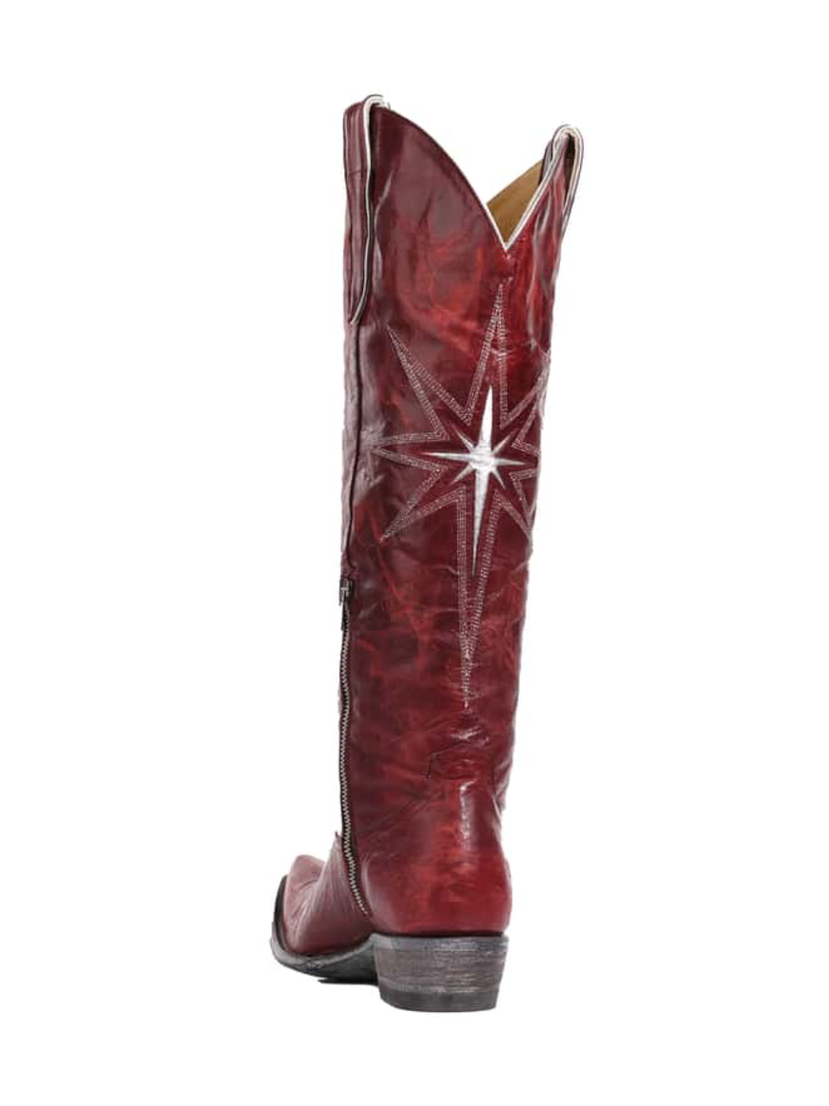 Wine Red Snip-Toe Starburst Inlay Embroidery Half-Zip Knee High Cowgirl Boots