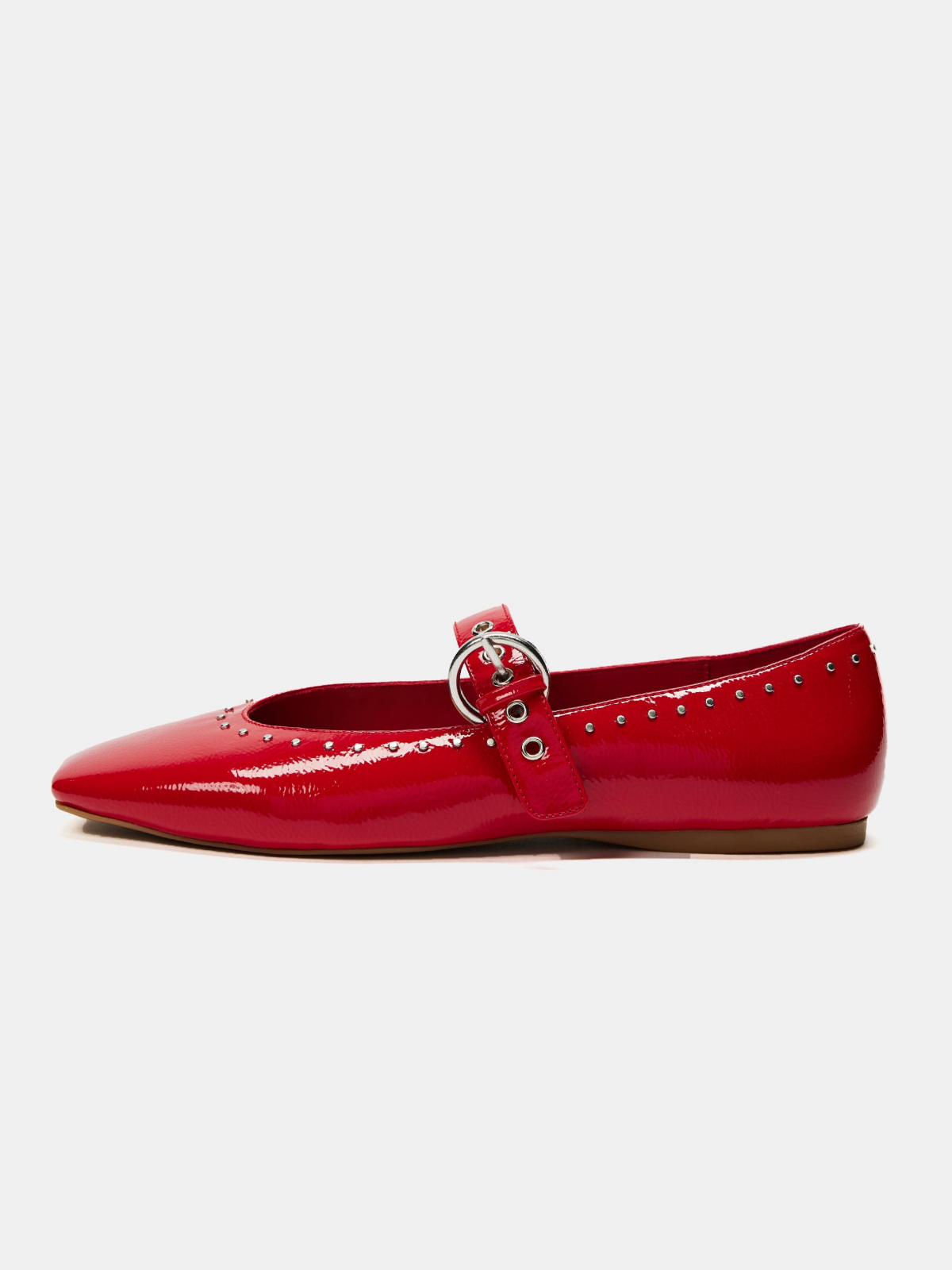 Red Patent Studded Square-Toe Mary Jane Ballet Flats With Grommet Eyelet Buckled Strap