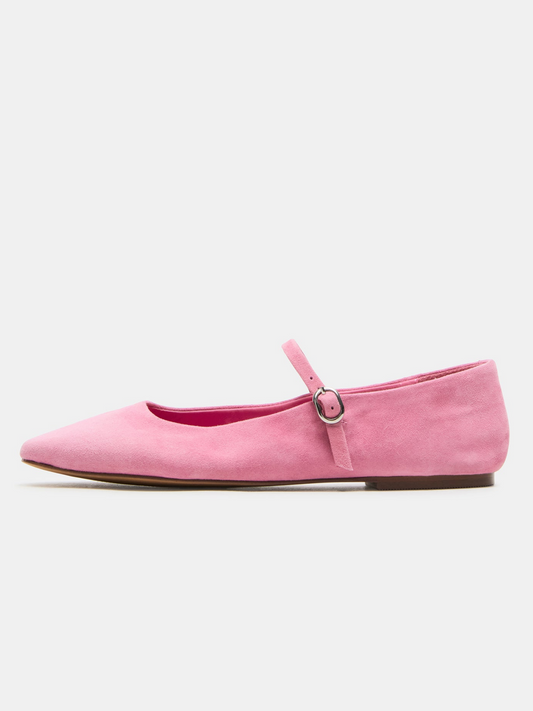 Pink Faux Suede Square-Toe Mary Janes Ballet Flats With Bridge Strap