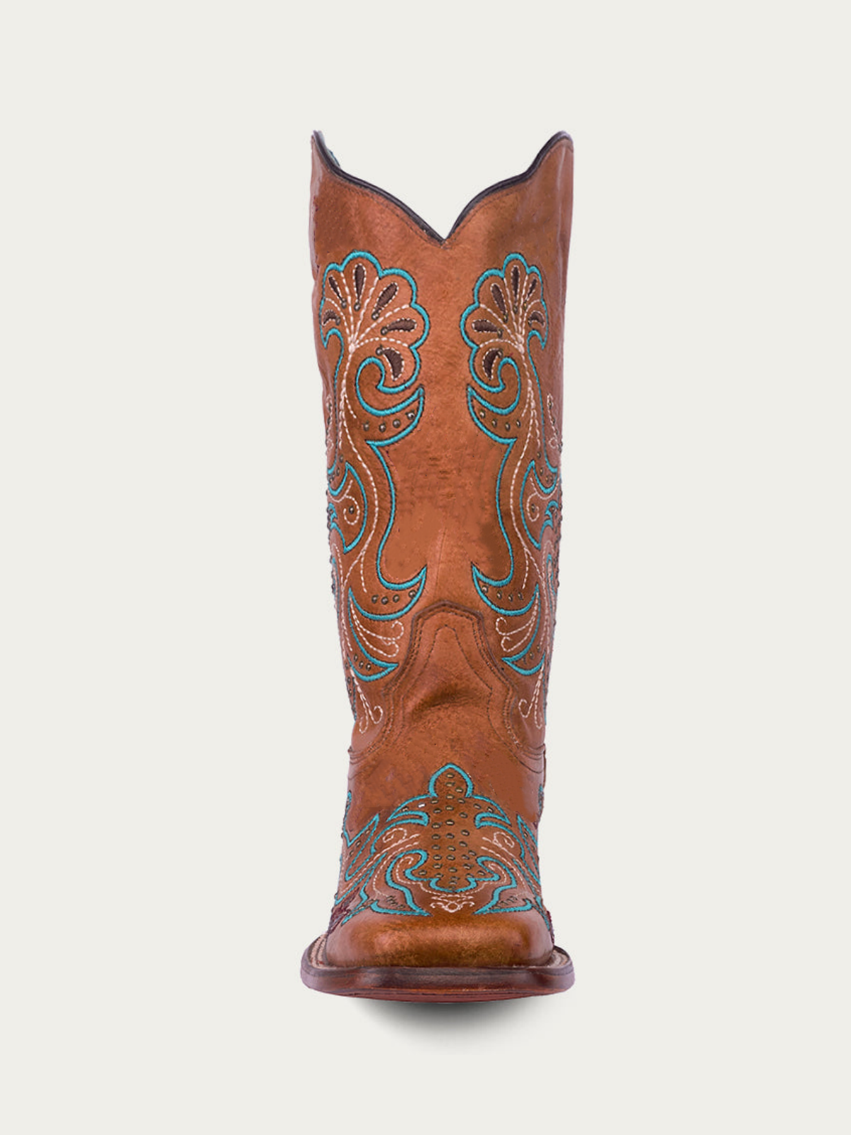 Brown Square-Toe Colorful Embroidery Studded Wide Mid Calf Cowgirl Boots