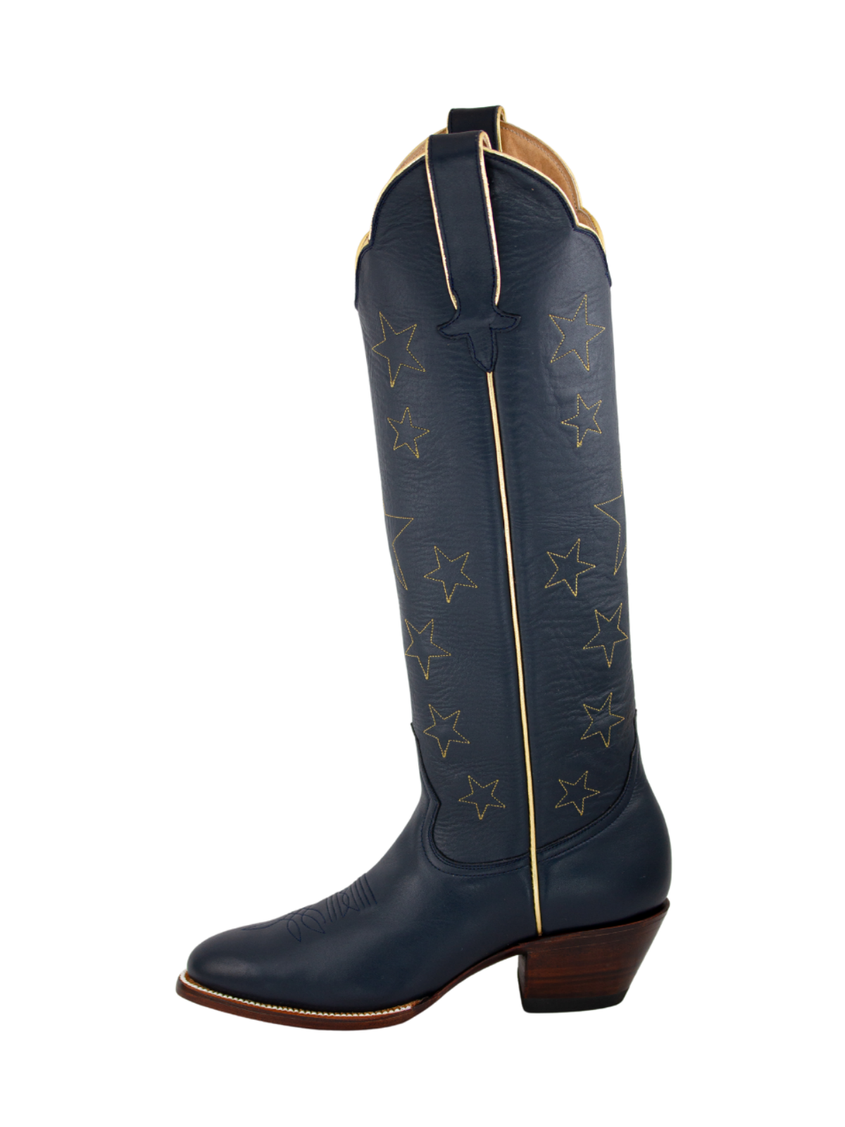 Almond-Toe Stars Embroidery Wide Calf Knee High Cowgirl Boots - Navy Blue