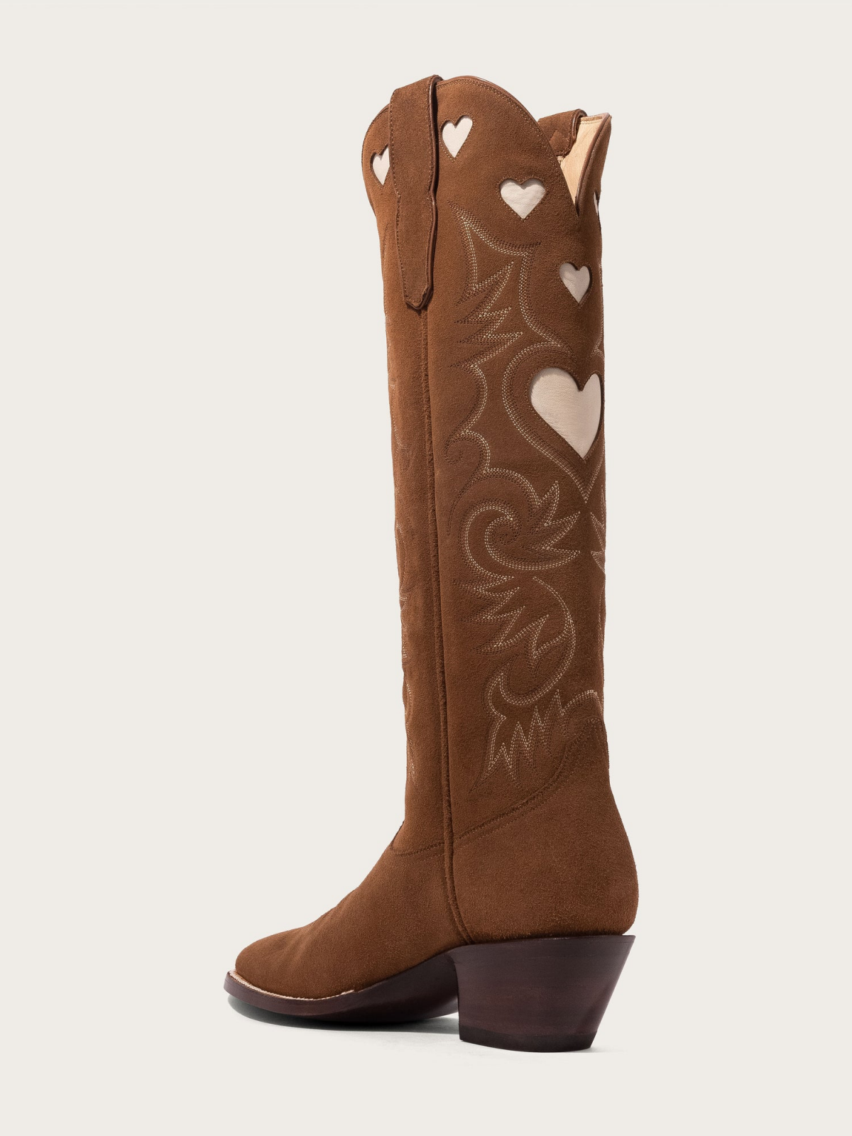 Ivory Heart Inlay Embroidery Almond-Toe Tall Wide Mid Calf Cowgirl Boots - Brown Faux Suede