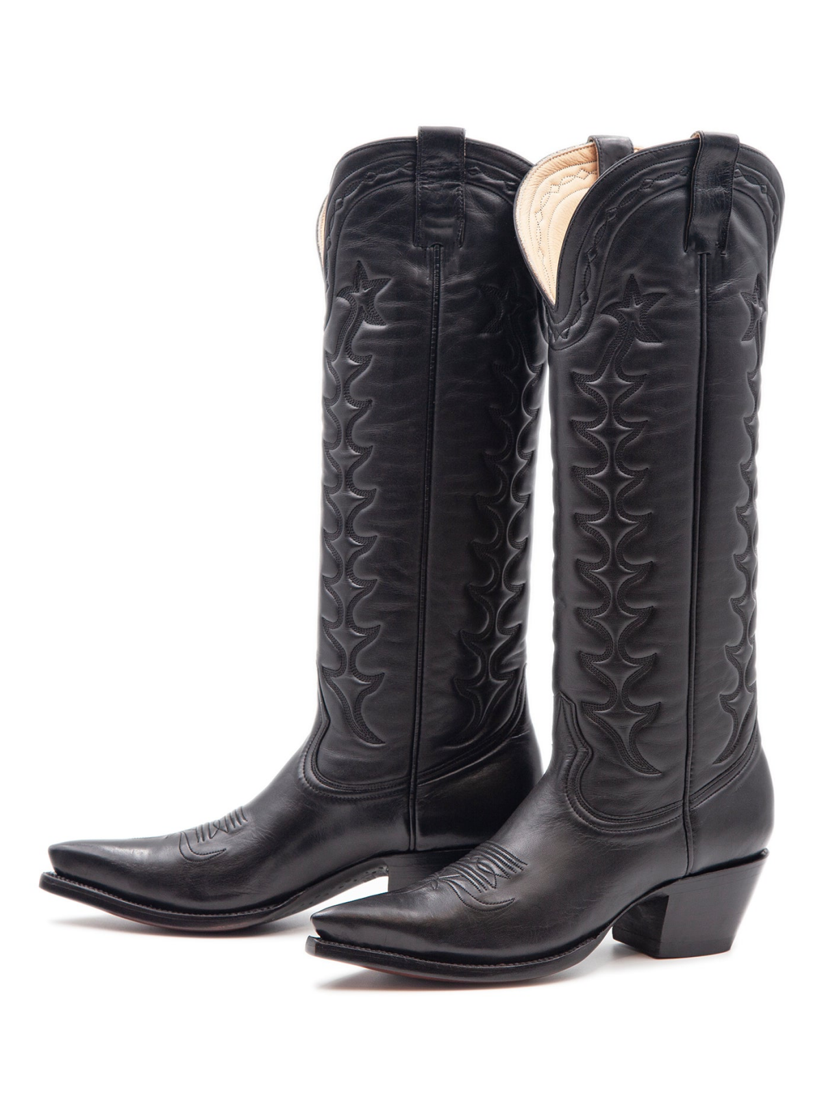 Midnight Black Padded Embroidery Pointed-Toe Wide Mid Calf Tall Cowgirl Boots