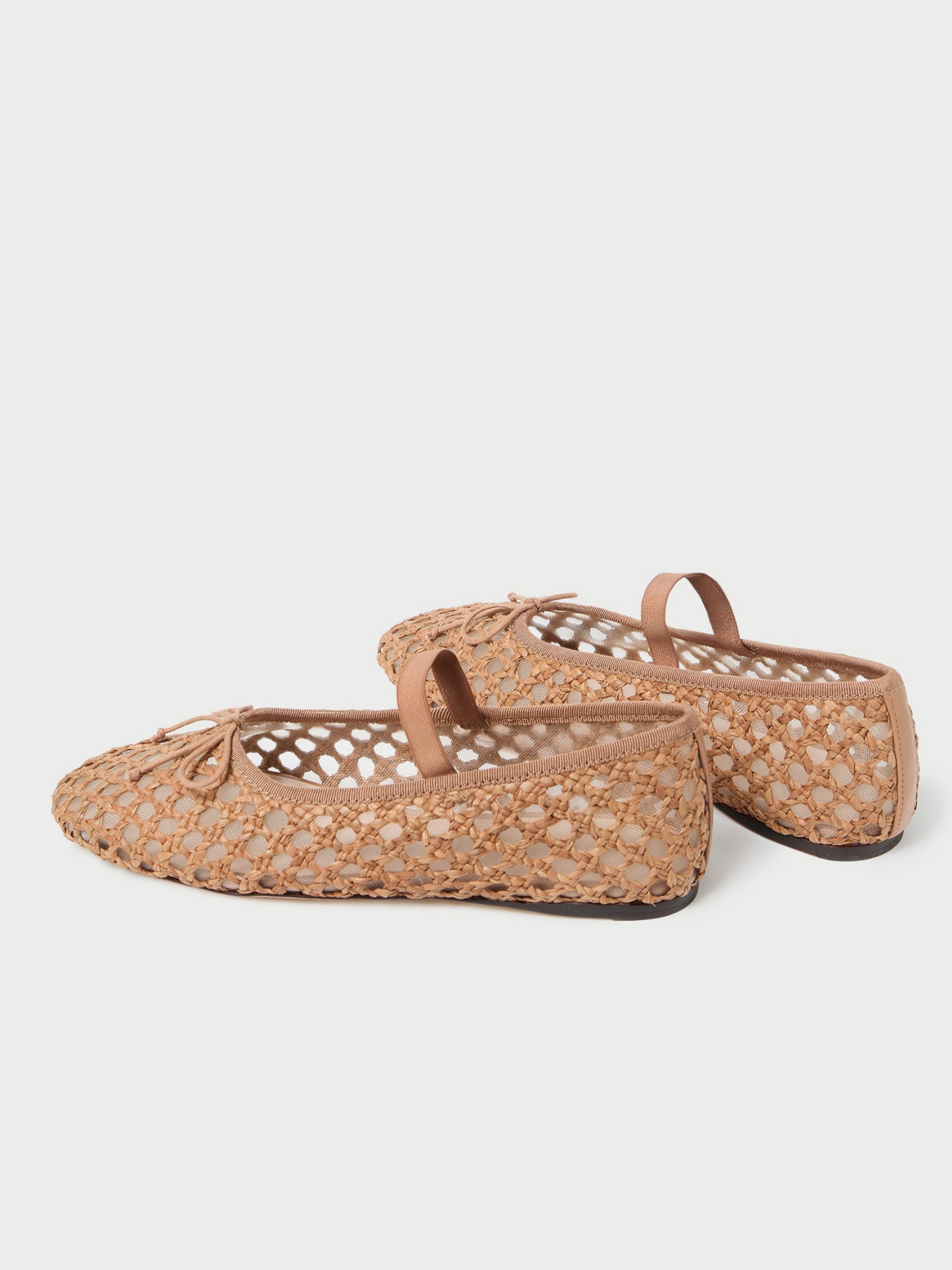 Tan Almond-Toe Straw-Woven Elastic Bridge Strap Bow Mesh Ballet Flats