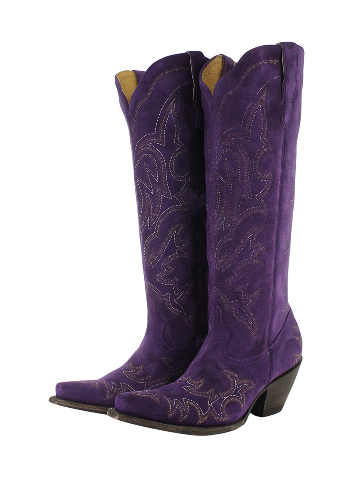 Purple Faux Suede Embroidery Snip-Toe Half-Zip Knee High Tall Cowgirl Boots