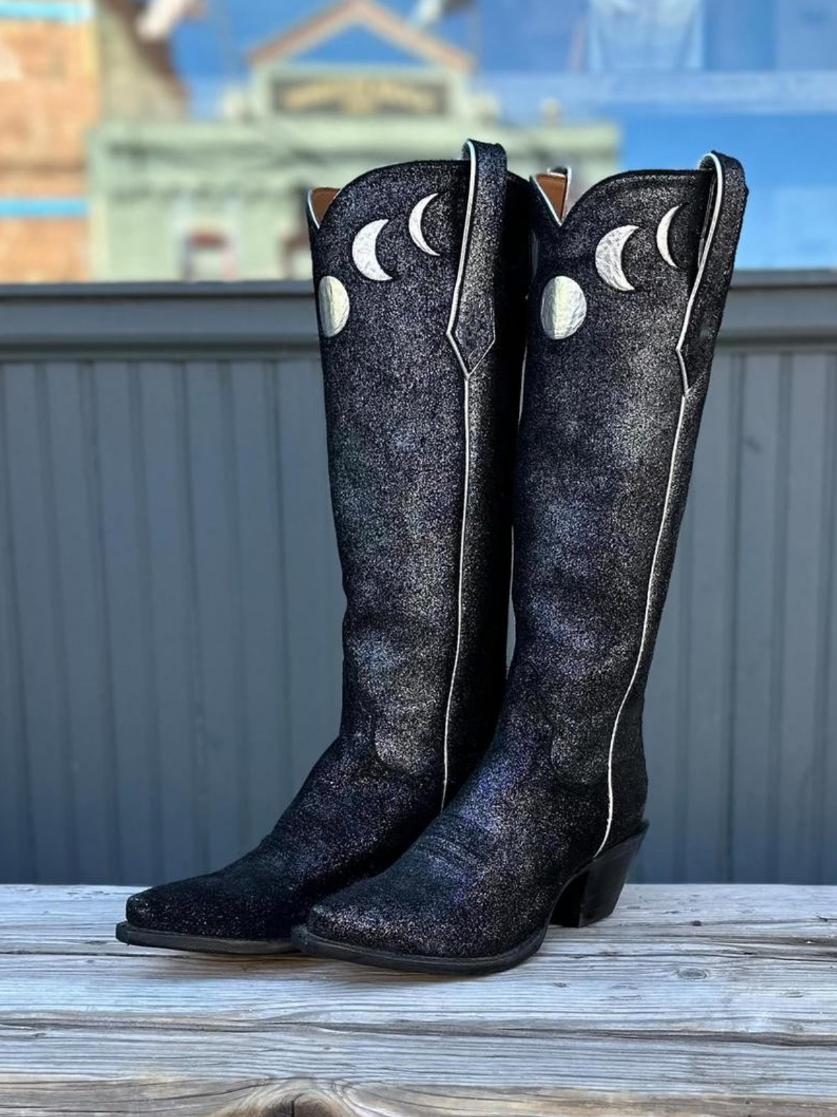 Black Glitter Snip-Toe Moon Inlay Wide Mid Calf Tall Cowgirl Boots